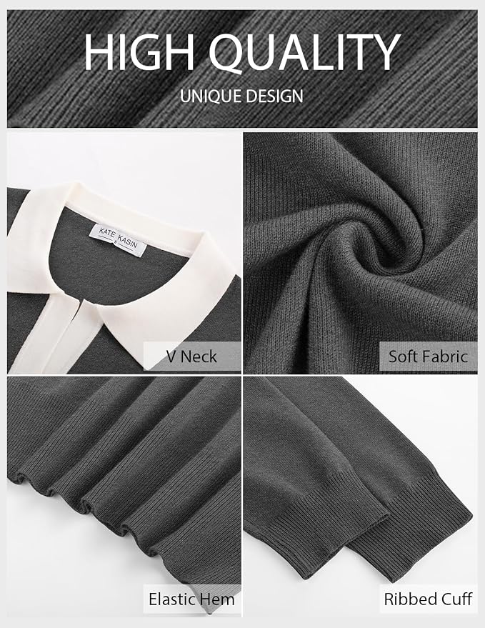 Women's Long Sleeve Classic V Neck Casual Fall Winter Polo Sweater Tops | Basic Collared Knitted Fashion Work Business Formal Daily Wear Versatile Pullover Shirts