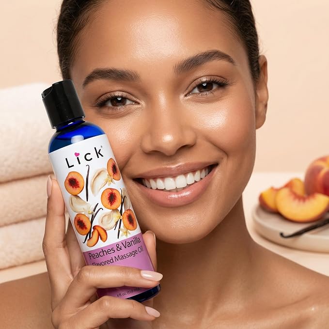 Lick Peaches and Vanilla Flavored Massage Oil – Tropical Edible Massage Oil with Sweet Almond Oil & Vitamin E, Hydrating Body-Safe Formula for Relaxing Couples Massage, 4 oz