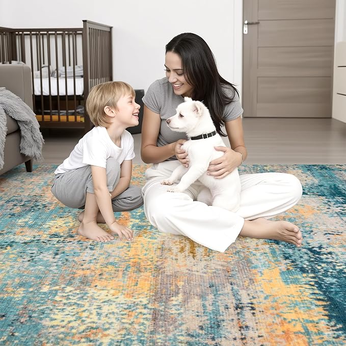 6x9 Area Rug Living Room Rug: Washable Modern Abstract Soft Thin Rug Indoor Floor No Slip Carpet for Bedroom Dining Room Farmhouse Nursery Home Office - Rosy Haze