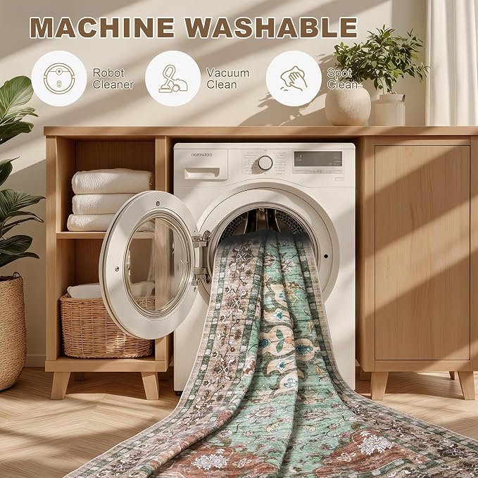 Area Rugs 10x12 Living Room Rug: Washable Rug Soft Vintage Distressed Floral Carpet Indoor Non-Slip Stain Resistant Large Carpets for Bedroom Dining Room Farmhouse Nursery Home Office Brown Green