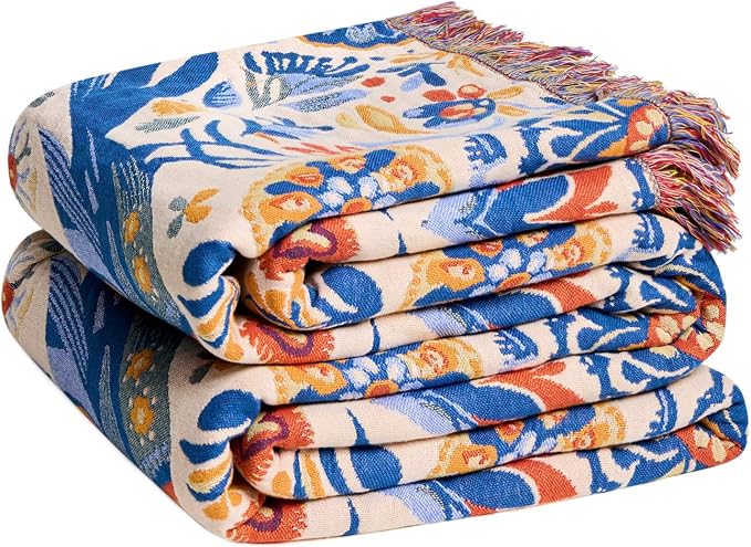 LUTBM Boho Throw Blanket for Bed 60"x80", All Season Cotton Couch Blankets | Reversible Floral Bird Jacquard, Muslin Gauze Twin Quilt, Lightweight & Breathable, For Chair Sofa Bedroom Living Room Decor