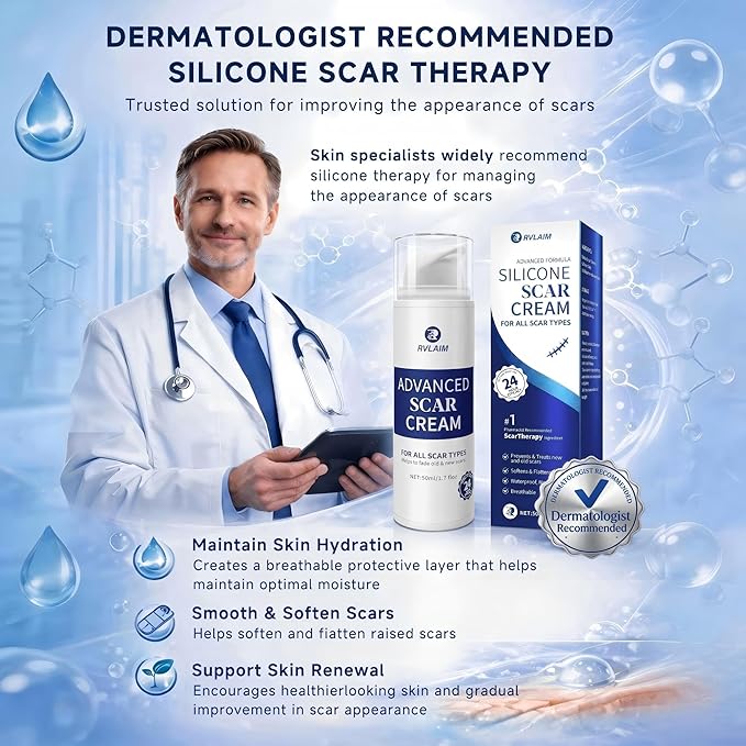 Rvlaim Silicone Scar Cream Scar Gel, Advanced Scar Removal Cream for Surgical Scars, Acne Marks, Stretch Marks, Keloids, C-Section, Burns, Old and New Scars, 1.7 fl oz