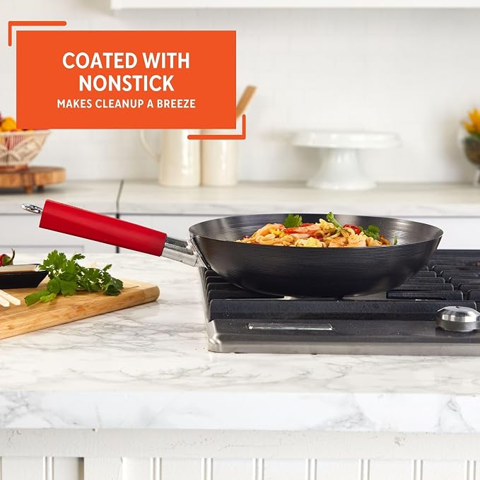 IMUSA USA Inch, Red PAN-10046 12" Nonstick Carbon Steel Wok, Handle | Hanging Ring, Ideal for Stir-Frying, Great for Cooking a Variety of Dishes