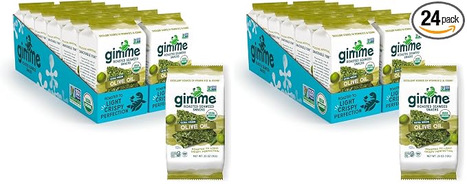 Gimme Seaweed Organic Premium Roasted Seaweed Snacks, Extra Virgin Olive Oil, 24 Count Sharing Size, Keto, Vegan, Gluten-Free, Source of Omega3s & Iodine, Healthy On-The-Go Snack for Kids & Adults