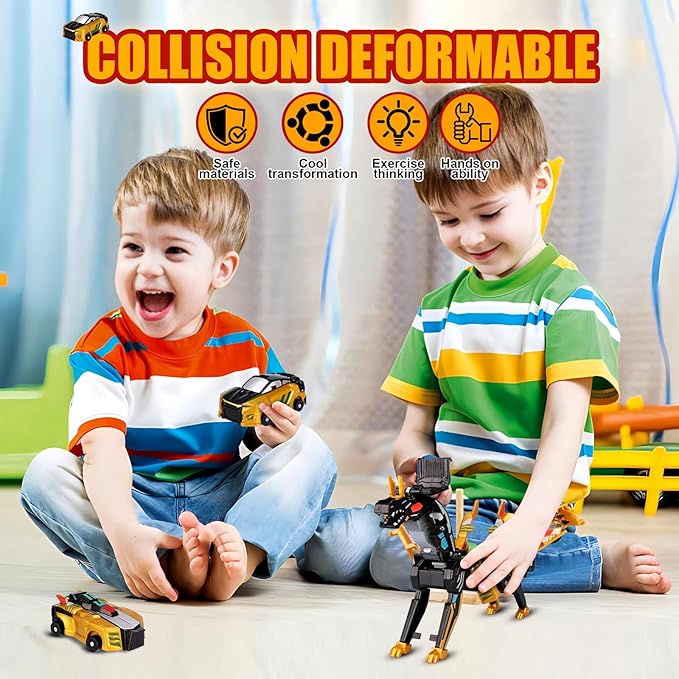 Collision Transforming Dinosaur Car Toy,Transformation Car Toy, 2in1 Magnetic Dinosaur Transformer Cars for Boys & Girls Party Favors Gift for Birthday, Christmas (Golden)