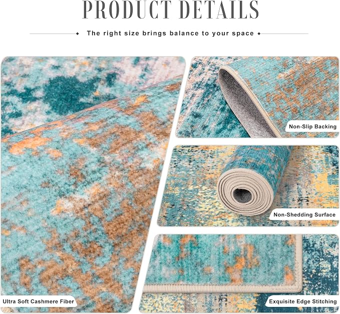 9x12 Area Rug Living Room Rug: Washable Modern Abstract Soft Thin Rug Indoor Floor No Slip Carpet for Bedroom Dining Room Farmhouse Nursery Home Office - Rosy Haze