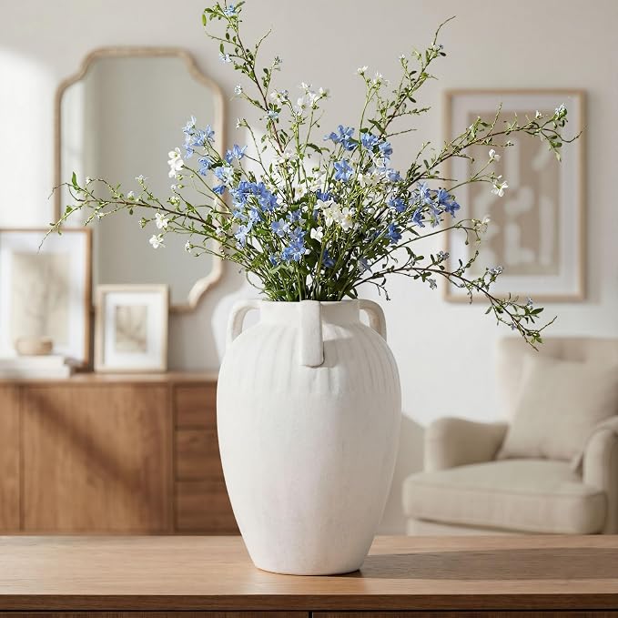 Ceramic Flower Vase with Handles, 8.86 inch Tall Ceramic Vase Home Decor Vintage Terracotta Rustic Vase for Bouquet Pottery Barn Decor Large Vases for Living Room Bathroom Modern Farmhouse, White