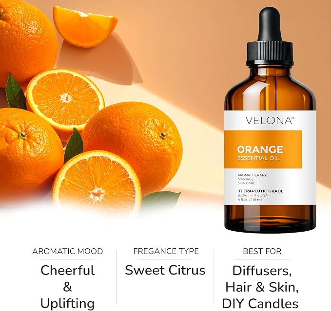Orange Essential Oil by Velona - 16 Fl Oz | Therapeutic Grade | for Aromatherapy Diffuser, Massage, Skincare, Haircare, Soapmaking | Undiluted