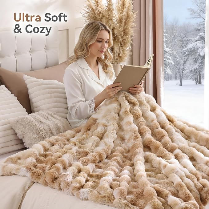 Faux Fur Throw for Couch - Tie-dye Camel Bubble Blanket 60"x80" | Fluffy Plush Fuzzy Throw for Sofa & Bed, Super Soft Cozy Comfrt Blanket, Luxury Aesthetic Camel Decor Gift for Women