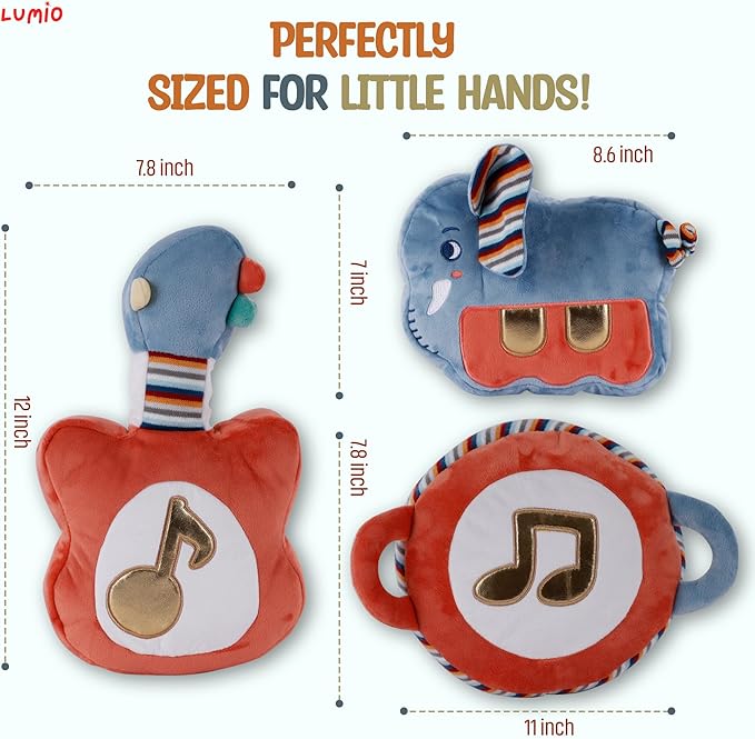 Lumio Interactive Musical Plush Toy with Lights and Sounds - Sensory Toy for 3 6 9 12-18 Months and up, Perfect for Tummy Time Rhythm Learning (Guitar) (Drum)