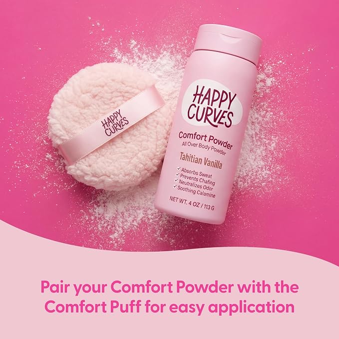 HAPPY CURVES Comfort Powder: Talc Free Anti Chafe Body & Foot Dusting Powder Deodorant for Inner Thigh Chafing, Private Areas, and All Over Body for Women 4oz (Pack of 1), Tahitian Vanilla