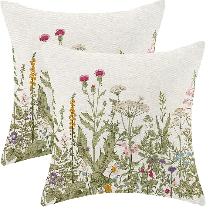 AEIOAE Sage Green Pillow Covers 24x24 Inch Set of 2, Spring Wildflower Plant Throw Pillows Case,Seasonal Floral Outdoor Decorative Flowers Farmhouse Decor Cushion Covers for Home Sofa Bed Couch