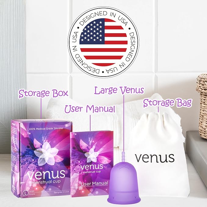 Venus Large Menstrual Cup - Higher Capacity (+30%) - Unique U-Shape Design for Heavier Flow Days - Get 12 Hours Leak-Free Protection - 100% Medical Grade Silicone Reusable Period Cup | Large