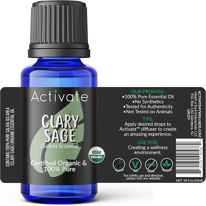 Activate Clary Sage Organic Essential Oil 100% Pure, USDA Certified Organic, Premium Grade, Undiluted, Natural Oils, Aromatherapy & Diffuser Use 10ml