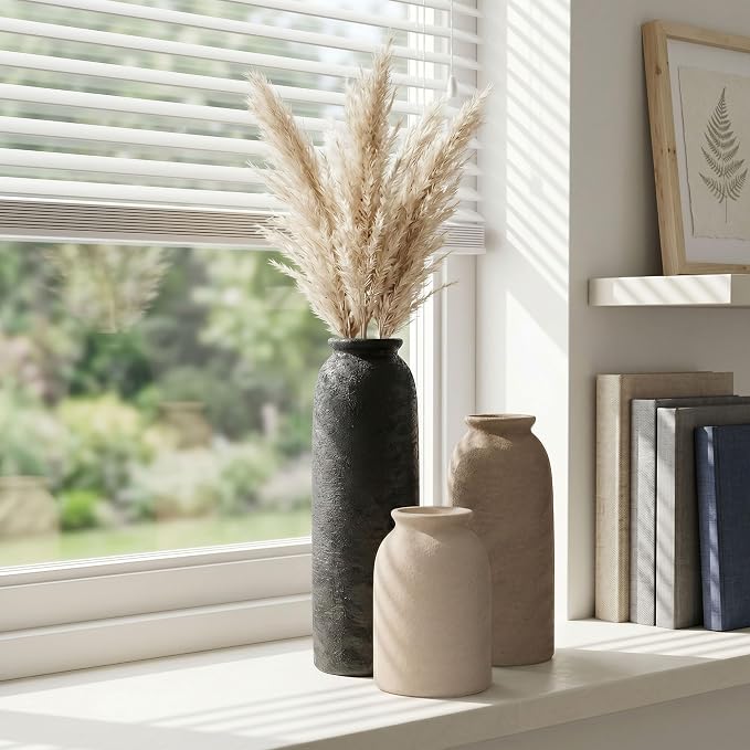 Ceramic Vase Set of 3, Small Flower Rustic Vase Home Decor Neutral Modern Farmhouse Boho Pampas Pottery Vases Decorative Centerpiece for Table Mantel Shelf Living Room Kitchen Bathroom