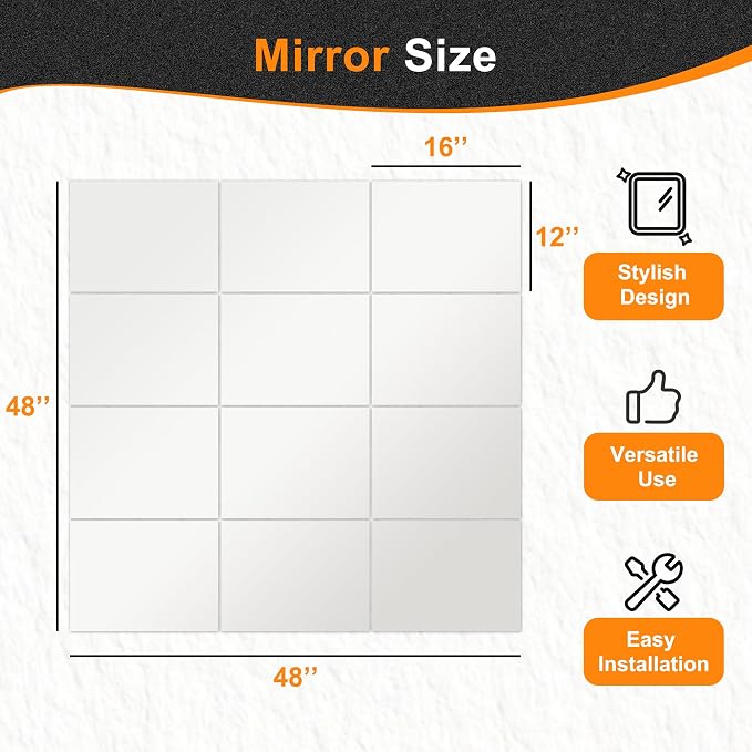 Delma Frameless Mirror Tiles 16"x12"x12 Pcs Wall Mounted | Shatter Resistant, Full Length, Tempered Glass Panels, For Home Gym Bathroom Bedroom & Living Room Decor