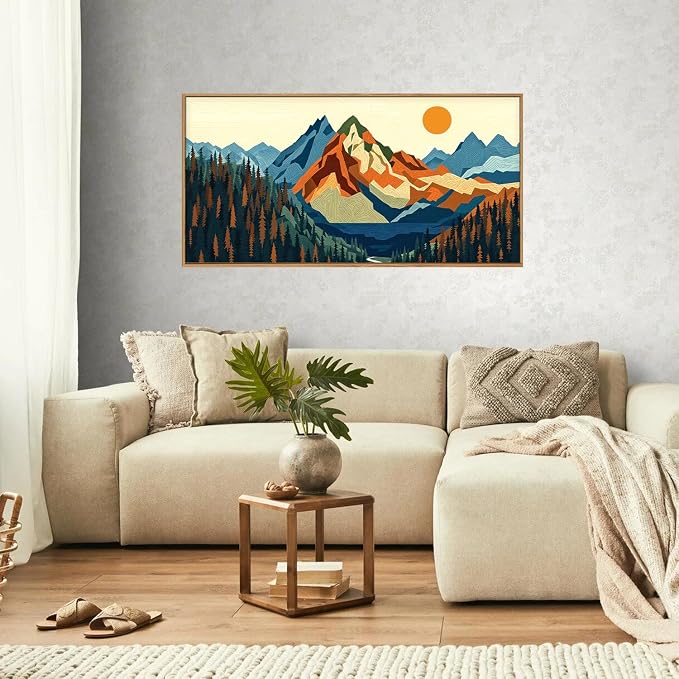 FWIEXA Vintage Mountain Framed Canvas Wall Art Set, Boho Sunrise Wall Prints, Abstract Nature Forest Artwork, Retro Lake Sunset Painting, 20x40 Inches Modern Rustic Decor for Living Room, Bedroom, Office