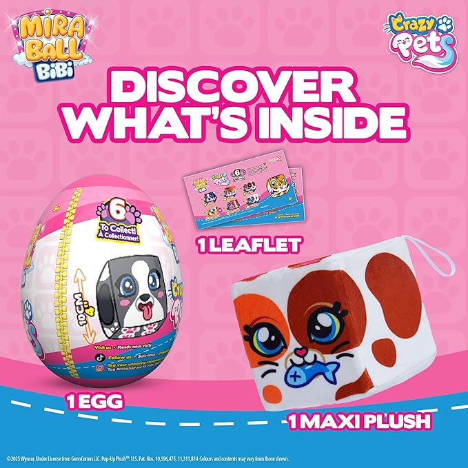 MiraBall Bibi Crazy Pets - Surprise Egg Capsule with Memory Foam Expandable Plush Toy – 3.7" (9.5cm) Soft Collectible with Hidden Surprises – Fun Gift for Kids, Parties, Holidays, Stocking Stuffers