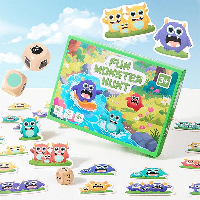 Fun Monster Hunt Kids Card Game for Ages 3+ Family Speed Matching Game with 36 Monster Cards & Dice Educational Party Favors for Hand-Eye Coordination