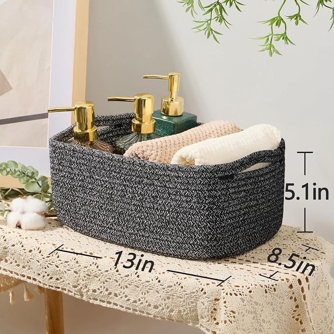 MiniArk Small Storage Baskets for Organizing | Closet Organizer Bins | Shelf Toy Basket | Woven Rope Baskets | Cube Decorative Box | Shallow Basket | 13x8.5x5.1” | 3 Packs Dark Gray