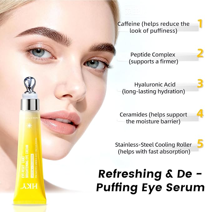 HKY Eye Cream, Under Eye Bags And Wrinkles Repair Cream Brightener, Anti Aging, Dark Circles Puffiness Under Eye Treatment With Caffeine Serum & Cyclodextrin, Morning Instant Firming