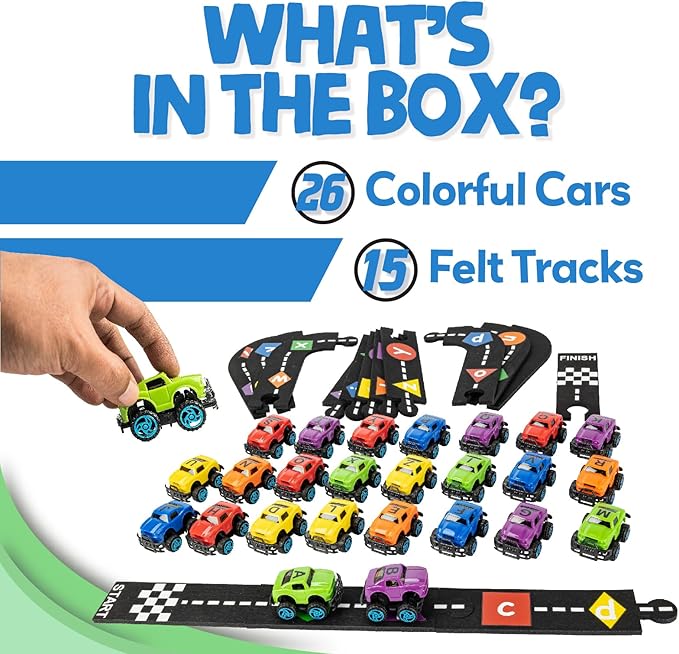 Skoolzy 36-Piece Alphabet Cars - Alphabet Learning Toys with Felt Track Set for ABC Recognition - Ideal Manipulatives for Preschoolers, 3 Year Old Boy Gift, and Toys for 2 Year Old Boys
