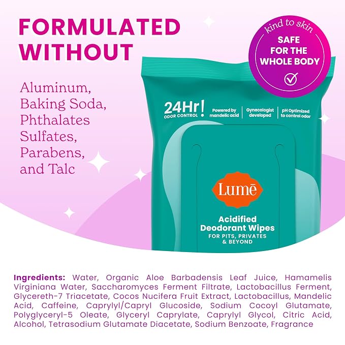 Lume Acidified Deodorant Wipes - 24 Hour Odor Control - Aluminum Free, Baking Soda Free, Skin Loving - Flushable - 15 Count (Cool Cucumber)