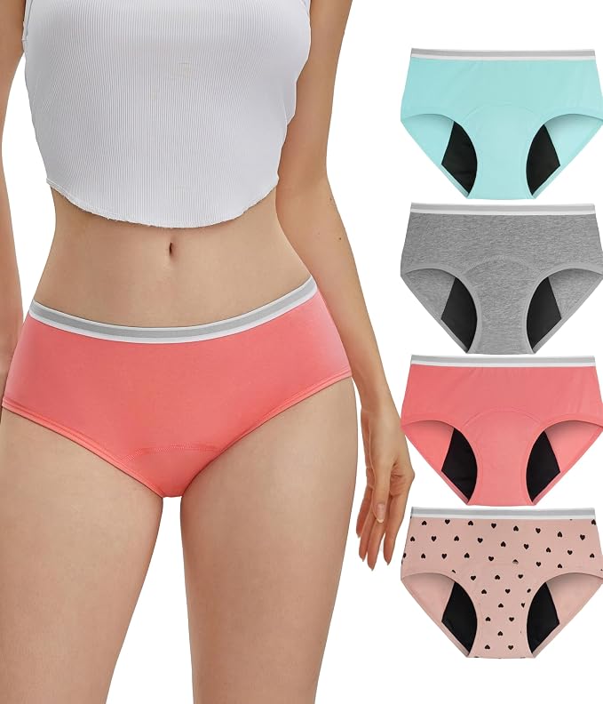 YESWEL Teen Girls Period Underwear, Menstrual Leak-Proof Heavy Flow Absorbency Washable Protective Cotton Panties 4 Pack