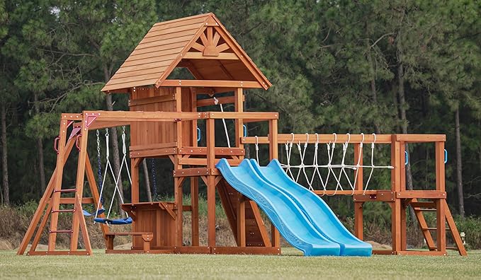Dolphin Playground Wooden Swing Sets, Monkey bar, Plank Bridge with Rope Mesh, 2 Wave Slides, Large Climbing Wall, Outdoor Table, Saucer Swing, Playground Sets for Backyards, Outdoor Playset