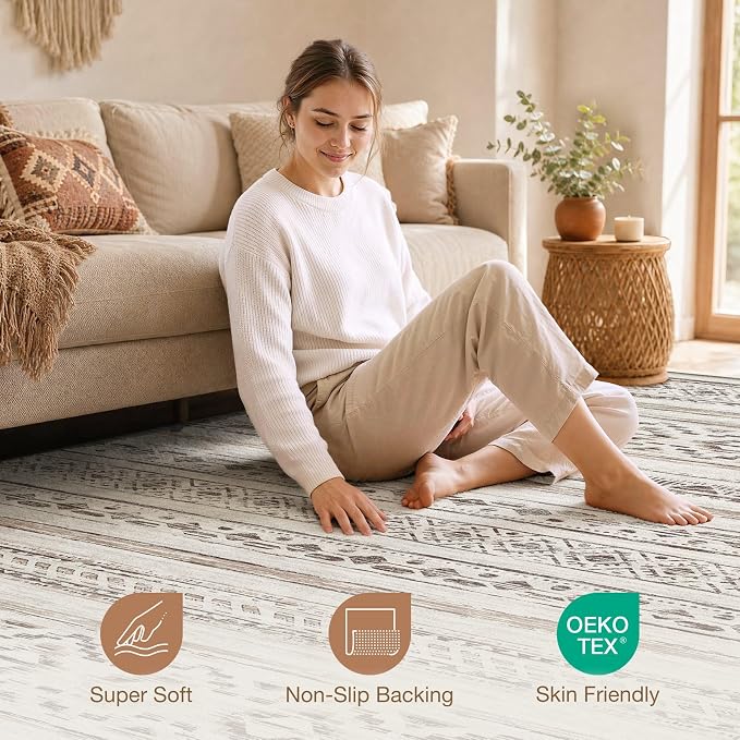 cotiled 8x8 Round Area Rugs Living Room Rug: Washable Boho Rugs with Non Slip Backing Large Soft Indoor Stain Resistant Carpet for Bedroom Farmhouse Dining Room Lightweight Home Decor Cream Brown