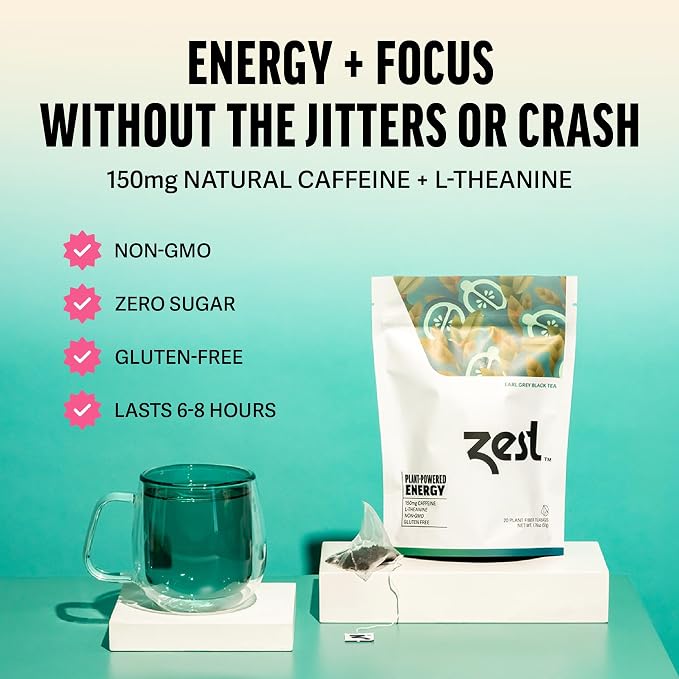 Zest High Caffeine Black Tea Bags – Earl Grey Energy Tea with Natural Bergamot – 150mg Caffeine per Cup – Focus & Morning Breakfast Tea for Energy – Caffeinated Coffee Substitute – 20Ct Pack