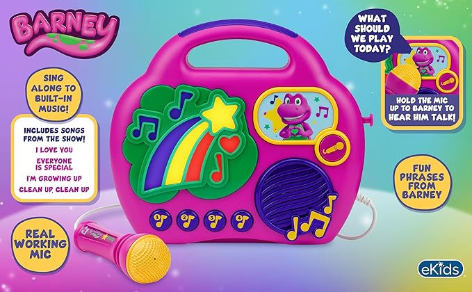 eKids Barney Karaoke Microphone with Boombox for Fans of Toddler Toys, Kids Karaoke Machine with Built in Music (Barney)