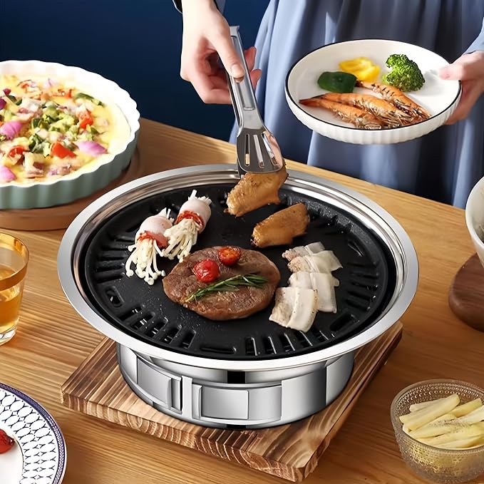 13.7 inch BBQ Charcoal Grill, Stainless Steel Round Korean Barbecue Grill, Portable Indoor Charcoal Grill with Grill Pan & Grill Net, Smokeless, Non-stick, for Indoor Grilling Outdoor Cooking Party