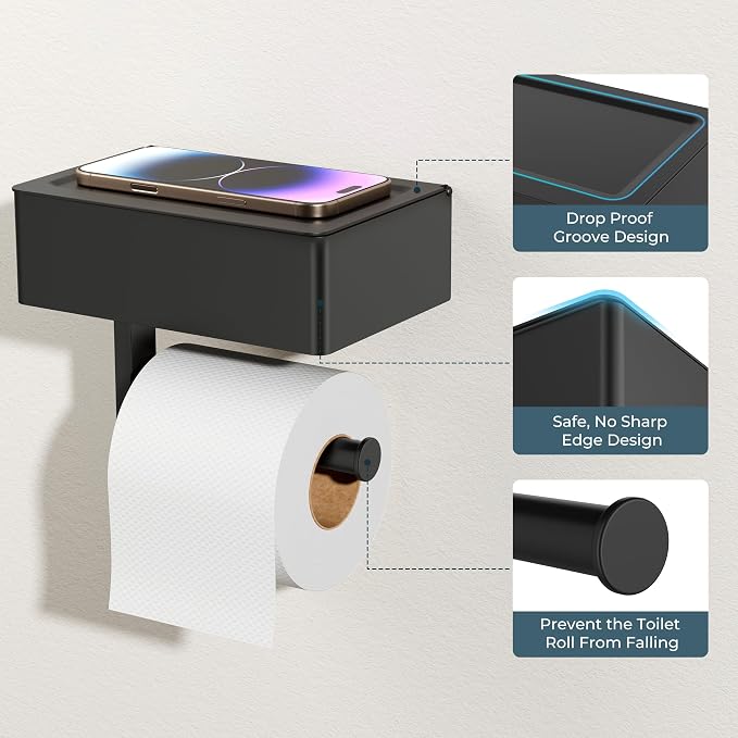 FORIOUS Toilet Paper Holder with Shelf, Sanitary Napkin Receptacle Tampon Holder, Wall Mount Toilet Paper Holder with Storage, Flushable Wipes Dispenser Fits for Bathroom Commercial(1, Matte Black)