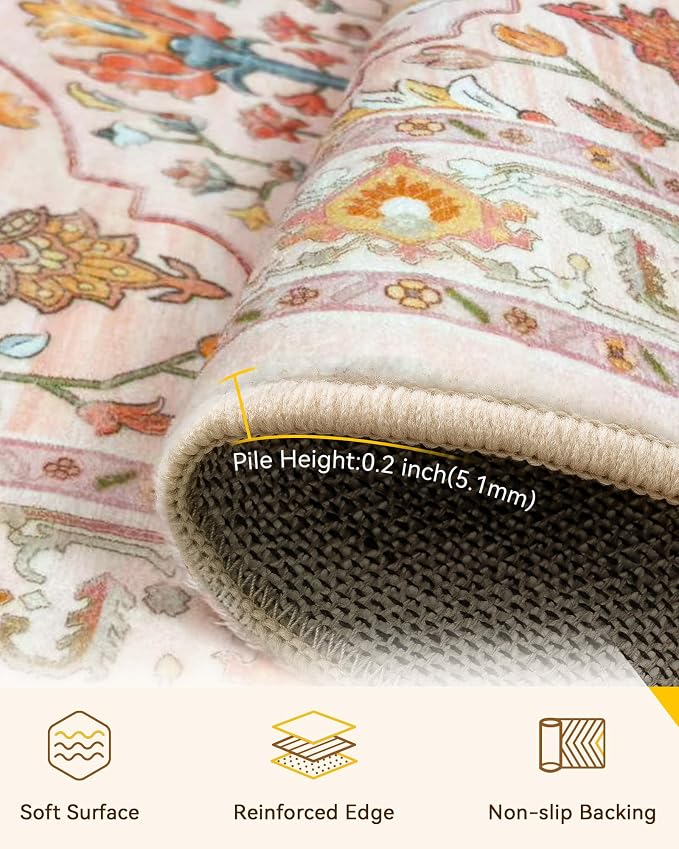RELEANY Area Rugs Square 8ft Washable Non-Slip, Floral Vintage Distress Medallion Carpet for Living Room Bedroom Dining Room, Light Pink Colorful
