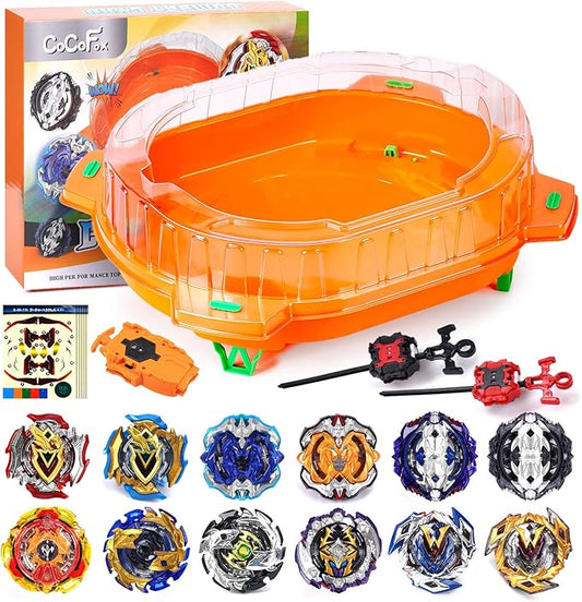 COCOFOX Burst Set, 12 Battling Tops 3 Launcher and 1 Stadium, Toys for 6 Year Old Boys & Girls & Up (Amazon Exclusive) Orange