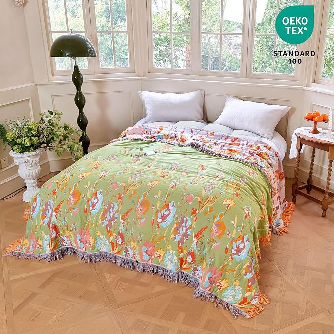MSGKV Boho Throw Blanket 90"x108" 100% Cotton Flower Butterfly Blanket King | King Size Cotton Throw, Flower Butterfly Design, Reversible Woven, Summer Breathable, Farmhouse Home Decor, Machine Washable