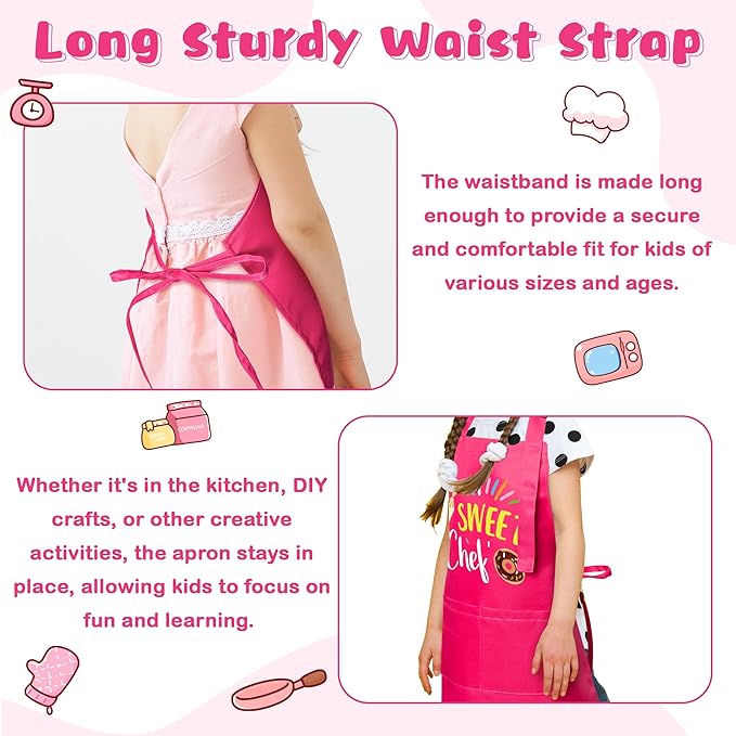 R HORSE 2Pcs Kid Apron and Chef Hat Set, Rose Red Adjustable Children Kitchen Toddler Apron for Girls, Dress up Role Play Chef Toy Funny Birthday Gift for Kids Cooking Baking Painting