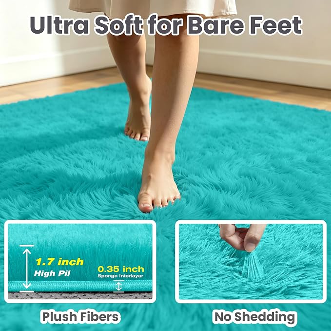 8x10 Area Rug for Living Room, Ultra Soft Fluffy Turquoise Rugs for Bedroom, Non Slip Large Shag Carpet, Fuzzy Plush Nursery Rug, Thick Washable Indoor Floor Carpets for Kids Office Dorm Home Decor