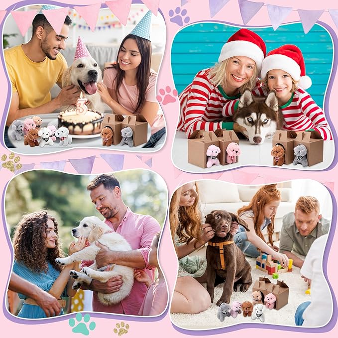 84 Pcs Adopt a Pet Party Favors 24 Mini Plush Stuffed Animals 10 White Plastic Fence 24 Paper Gift Boxes 24 Adoption Cards with Mini Chalkboard and Artificial Lawn(Dog)