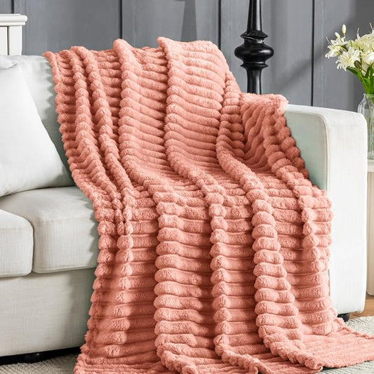 Wider Striped 380gsm Thick Large King Blanket for Couch Super Soft Cozy Blankets for Women Big Fuzzy Fleece Pink Blanket for Bed Sofa 90x104