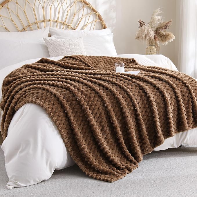 Brown Fleece Throw Blanket 50”×60” for Couch Sofa Bed | Super Soft Cozy Plush Microfiber Flannel Blanket with 3D Jacquard Decorative Lightweight for Mom Woman
