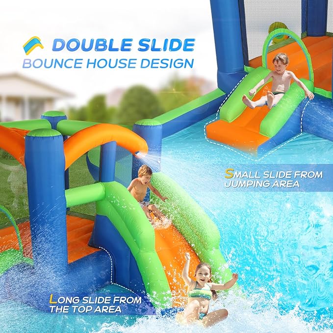 JOYMOR Inflatable Water Slide Bounce House for 3-6, 30s Blow Up Water Slide w/Basketball Hoop, Water Cannon, Ring-Toss Game, Inflatable Water Bounce House w/Slides, Air Blower (Blue/Green)