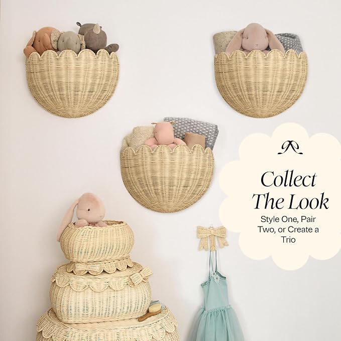 BEBE BASK Scalloped Wicker Wall Basket - The Original - 16 x 10 x 7 In | Handwoven Basket, Scalloped Décor Wall Hanging Baskets, Hanging Wall Basket, Rattan Wall Storage Basket for Home (Natural)