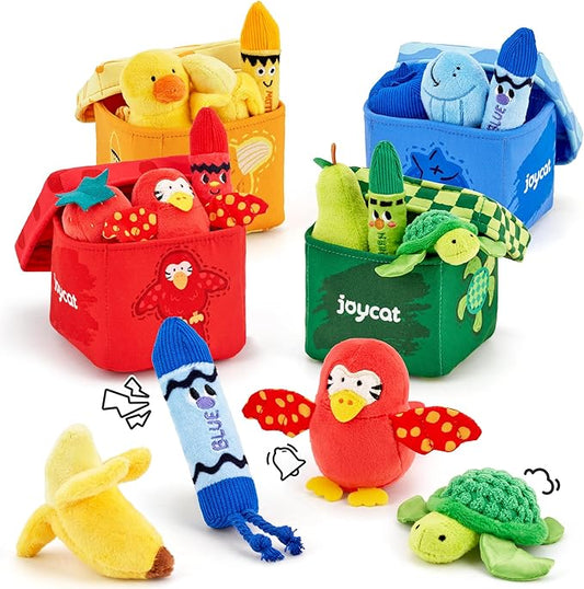 JoyCat Baby Toys 6-12 12-18 Months, Montessori Sensory Toys for 1 Year Old, 12 PCS Pushies with 4 Color Sorting Boxes, Animals Fruit Crinkle Crayon - Whats Inside Boy Girl