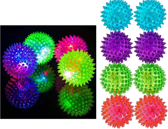 JA-RU Light Up Spiky Balls for Kids (8 Pack) – Light Up Bouncy Balls | Spiky Fidget Toys for Stress Relief, Sensory Bin Filler, Bulk Party Favors, & Classroom Prizes. 695-8A