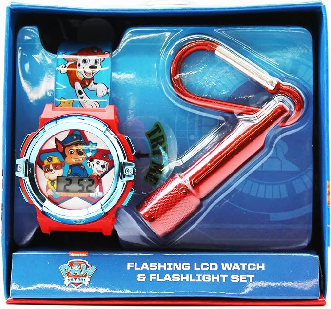 Paw Patrol Kids Flashlight LCD Watch & Flashlight Set – Chase, Marshall, Rubble Character Design, Digital Display, Light-Up Feature, Adjustable Strap, Fun for Young Fans – Fits Wrists 5.5” to 8”