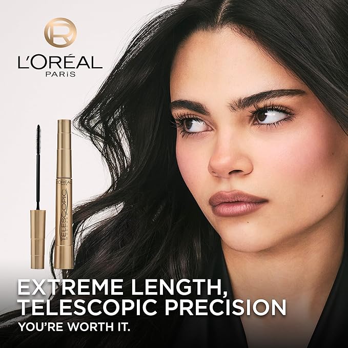 L’Oreal Paris Makeup Original Telescopic Mascara, Separating Mascara Volume and Length Formula, Washable, Blackest Black, 0.27 Fl Oz., 2 Count
