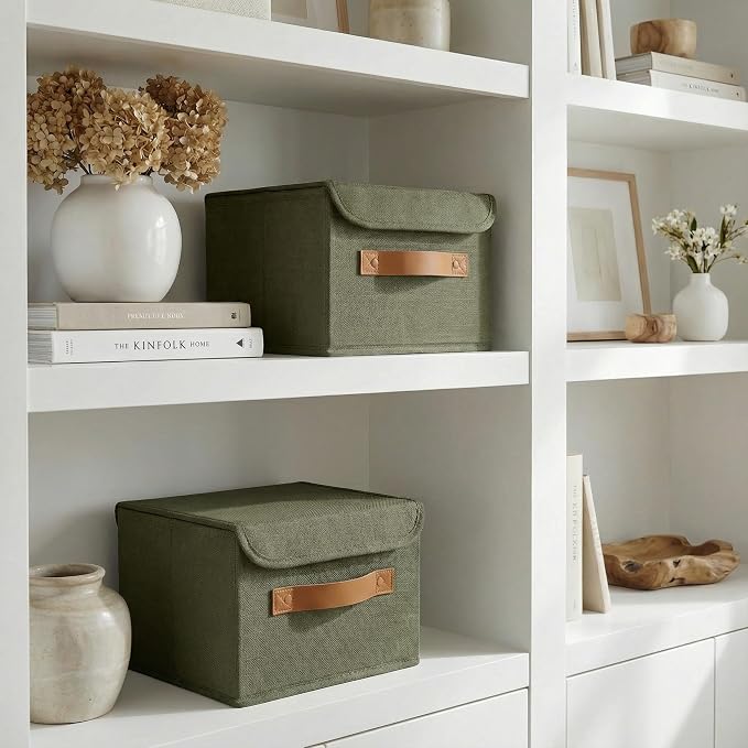 Decorative Linen Storage Boxes with Lids - Spacious Set of 2 Organizer Bins | The Perfect Small Container for Home Decor - Safely Store Photos, Documents and Memory Box Keepsakes in Style