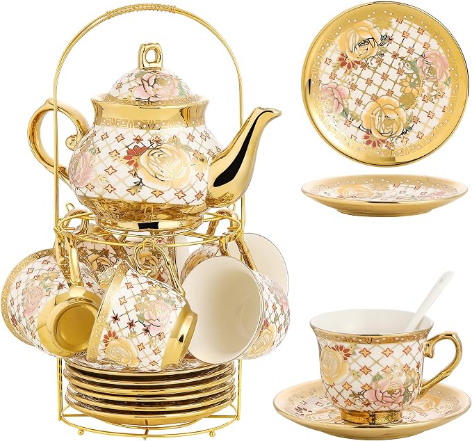 20 Pieces Porcelain Tea Set With Metal Holder, European Ceramic tea set for adults,Flower Tea Set,Tea Set For Women With Flower Painting